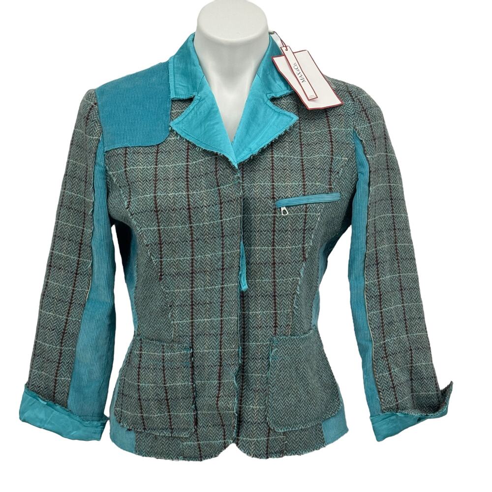 Max &‎ Co Patchwork Blazer Wool Mohair Women 10 Blue Plaid Preppy Steampunk NEW